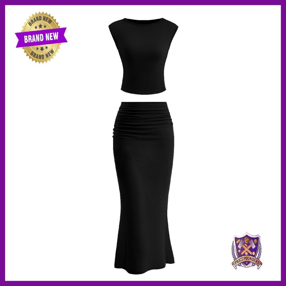2-Piece Maxi Skirt Set Bodycon Crop Top Ruched Long Skirt Summer Outfit